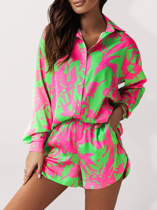 Women's Bright Printed Long Sleeve Notch Collar Top And Short Set - FashionistaDeal