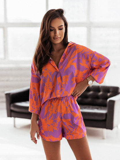 Women's Bright Printed Long Sleeve Notch Collar Top And Short Set - FashionistaDeal