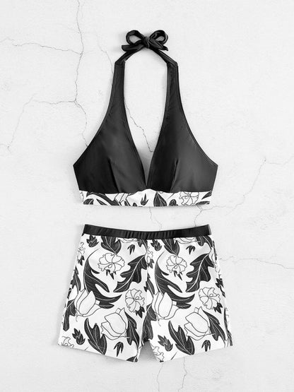 Women's Printed Bikini Top And High-waist Bottoms Shorts Set - FashionistaDeal