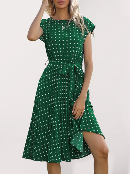 Women's Woven Polka Dot Pleated Midi Dresses - FashionistaDeal