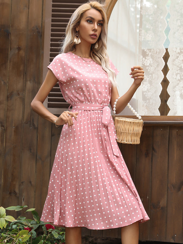 Women's Woven Polka Dot Pleated Midi Dresses - FashionistaDeal