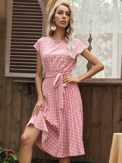 Women's Woven Polka Dot Pleated Midi Dresses - FashionistaDeal