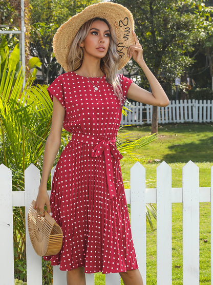 Women's Woven Polka Dot Pleated Midi Dresses - FashionistaDeal