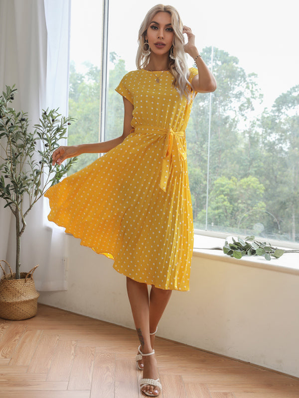 Women's Woven Polka Dot Pleated Midi Dresses - FashionistaDeal