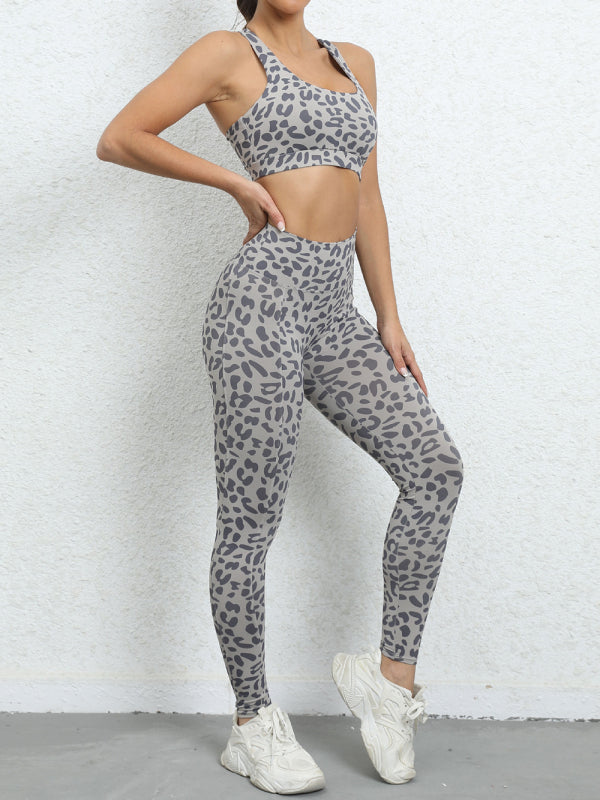 Women's Leopard Print Balance Compression Racerback Crop Top And High-waist Pants - FashionistaDeal