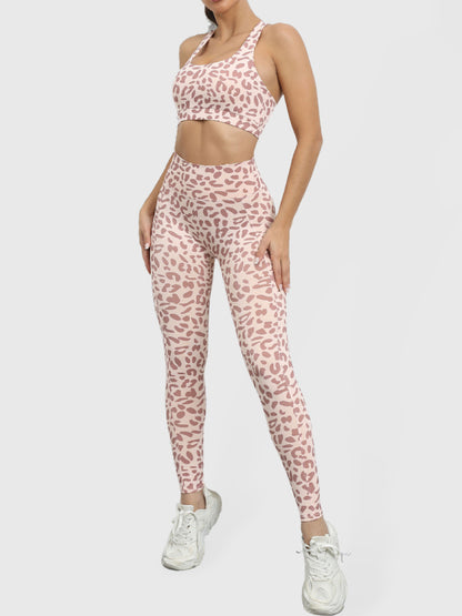 Women's Leopard Print Balance Compression Racerback Crop Top And High-waist Pants - FashionistaDeal