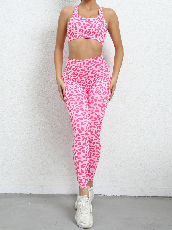 Women's Leopard Print Balance Compression Racerback Crop Top And High-waist Pants - FashionistaDeal