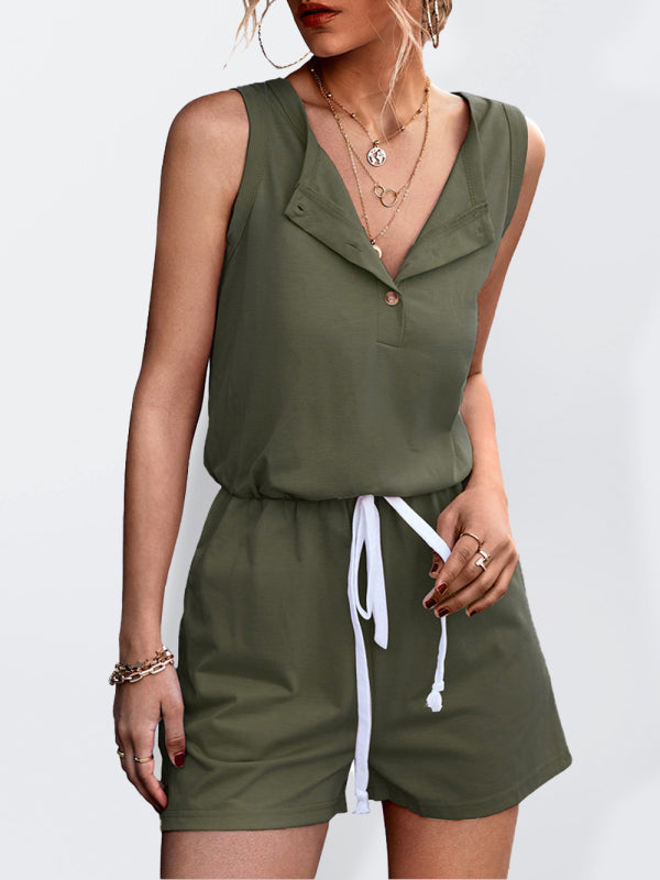 Women's Solid Color Sleeveless Button-up Romper - FashionistaDeal