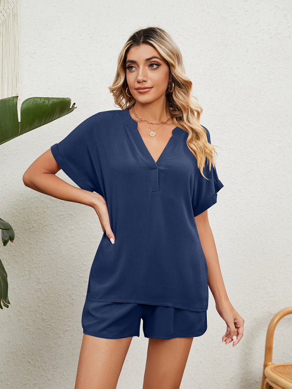 Women's Solid Color Short Sleeve V-neck T-shirt And Shorts - FashionistaDeal