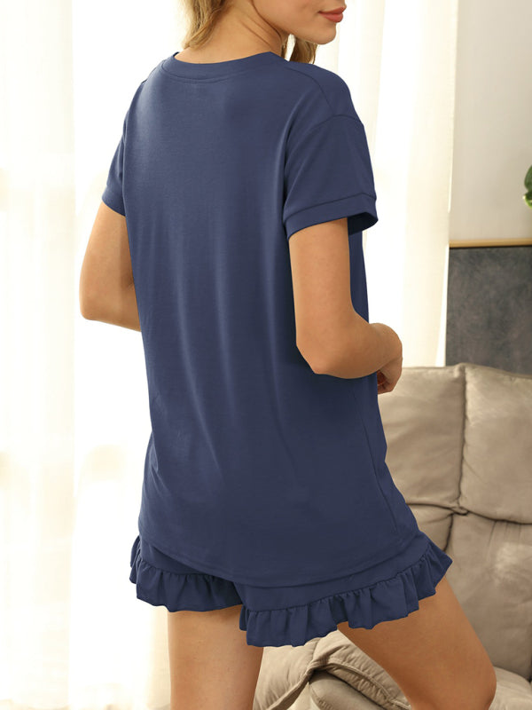 Women's 2-piece Henley V-neck Short Sleeve Henley Tee With Ruffle Hem Shorts Set - FashionistaDeal