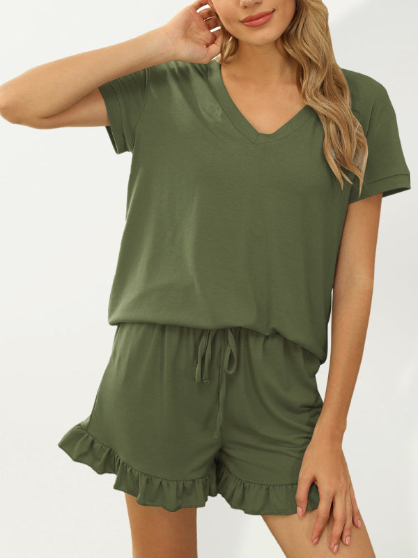 Women's 2-piece Henley V-neck Short Sleeve Henley Tee With Ruffle Hem Shorts Set - FashionistaDeal