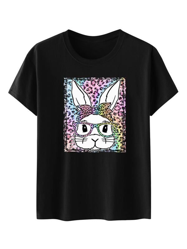 Women's Leopard Rabbit Graphic Print Short Sleeve T-shirt - FashionistaDeal