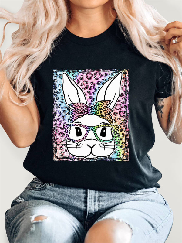 Women's Leopard Rabbit Graphic Print Short Sleeve T-shirt - FashionistaDeal