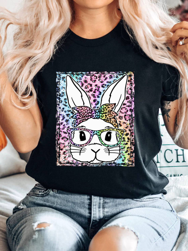 Women's Leopard Rabbit Graphic Print Short Sleeve T-shirt - FashionistaDeal