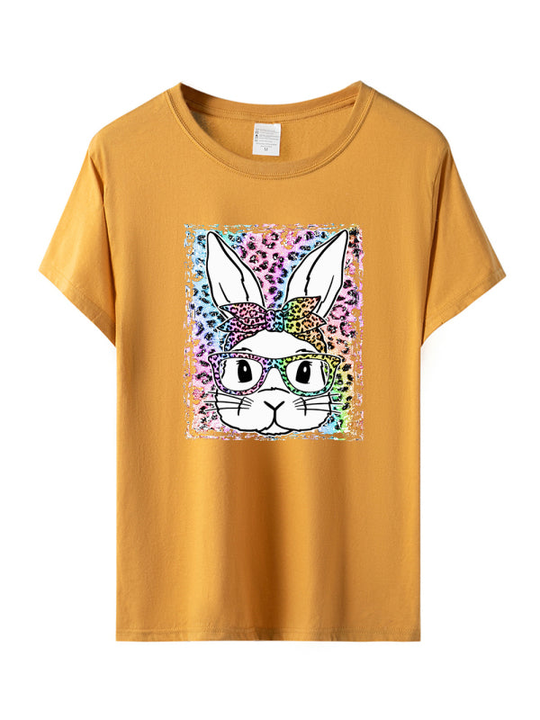 Women's Leopard Rabbit Graphic Print Short Sleeve T-shirt - FashionistaDeal