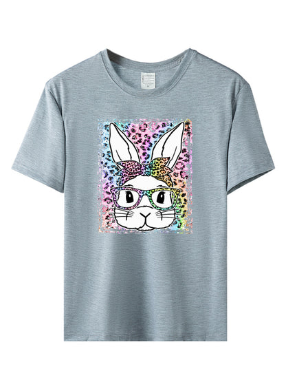 Women's Leopard Rabbit Graphic Print Short Sleeve T-shirt - FashionistaDeal