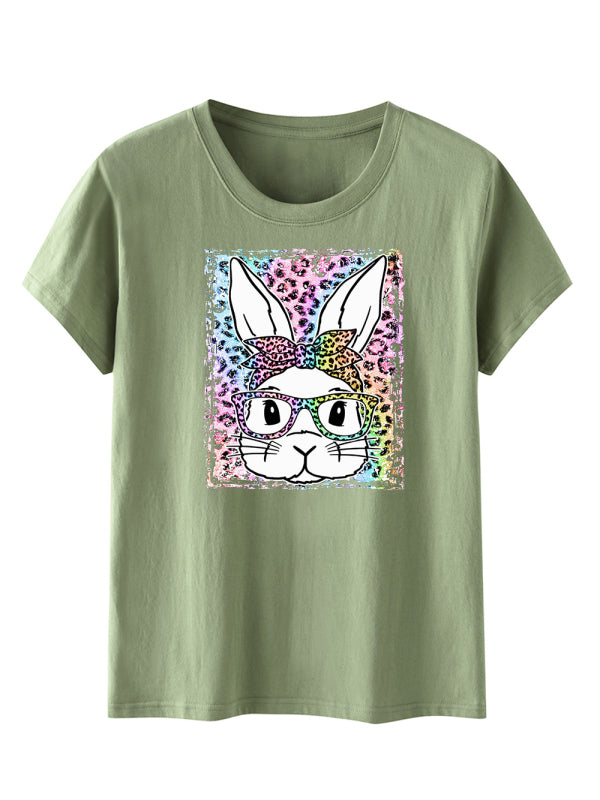 Women's Leopard Rabbit Graphic Print Short Sleeve T-shirt - FashionistaDeal