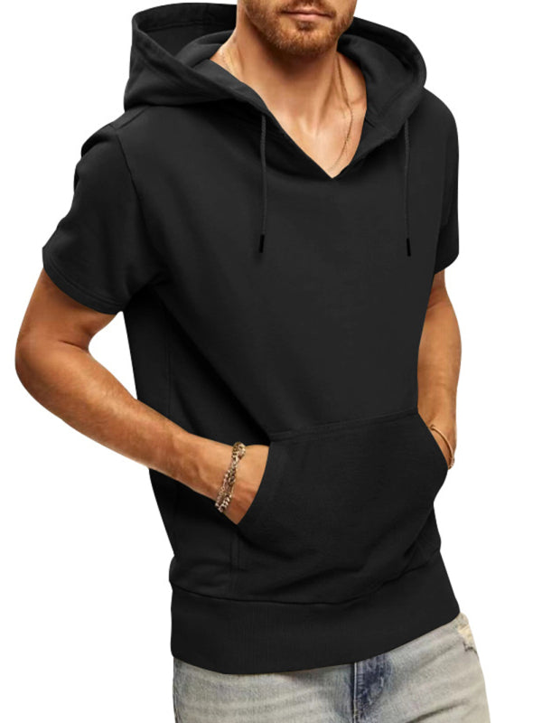 Men's Solid Color Short Sleeve Hooded Sweatshirt - FashionistaDeal