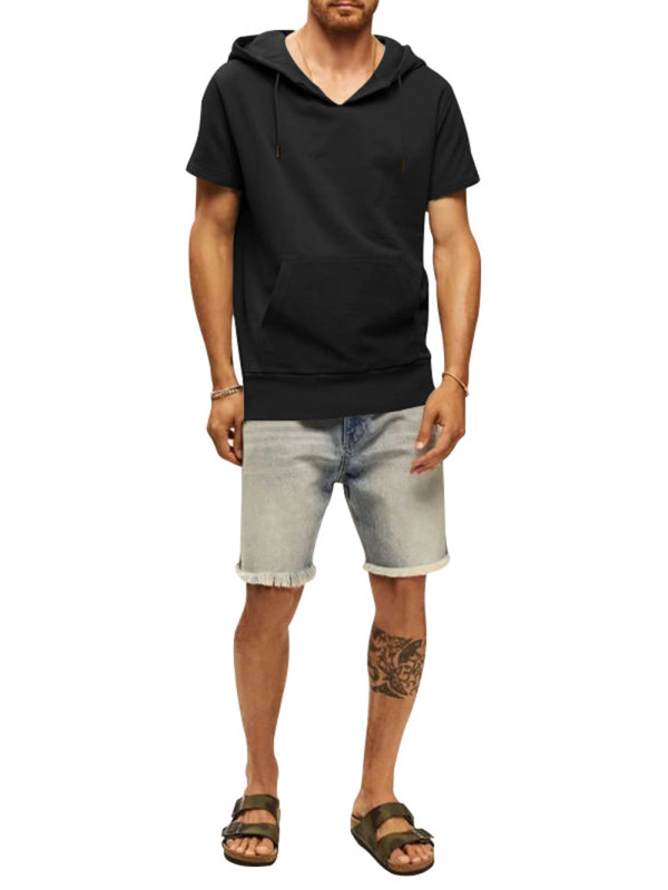 Men's Solid Color Short Sleeve Hooded Sweatshirt - FashionistaDeal