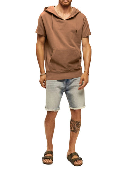 Men's Solid Color Short Sleeve Hooded Sweatshirt - FashionistaDeal