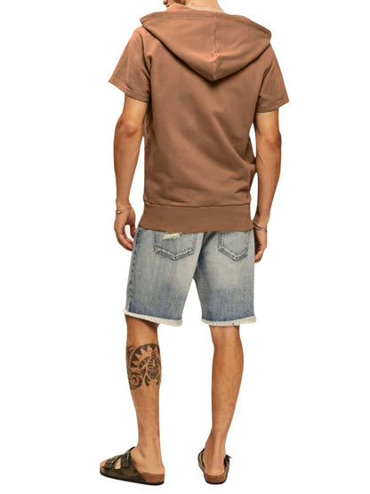 Men's Solid Color Short Sleeve Hooded Sweatshirt - FashionistaDeal