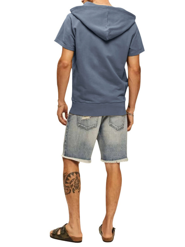 Men's Solid Color Short Sleeve Hooded Sweatshirt - FashionistaDeal