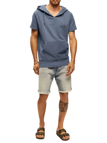 Men's Solid Color Short Sleeve Hooded Sweatshirt - FashionistaDeal