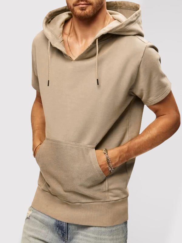 Men's Solid Color Short Sleeve Hooded Sweatshirt - FashionistaDeal