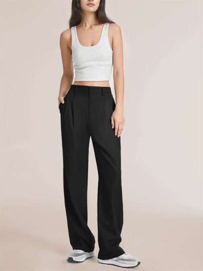 Women's Solid Color High Waist Wide Leg Trousers - FashionistaDeal