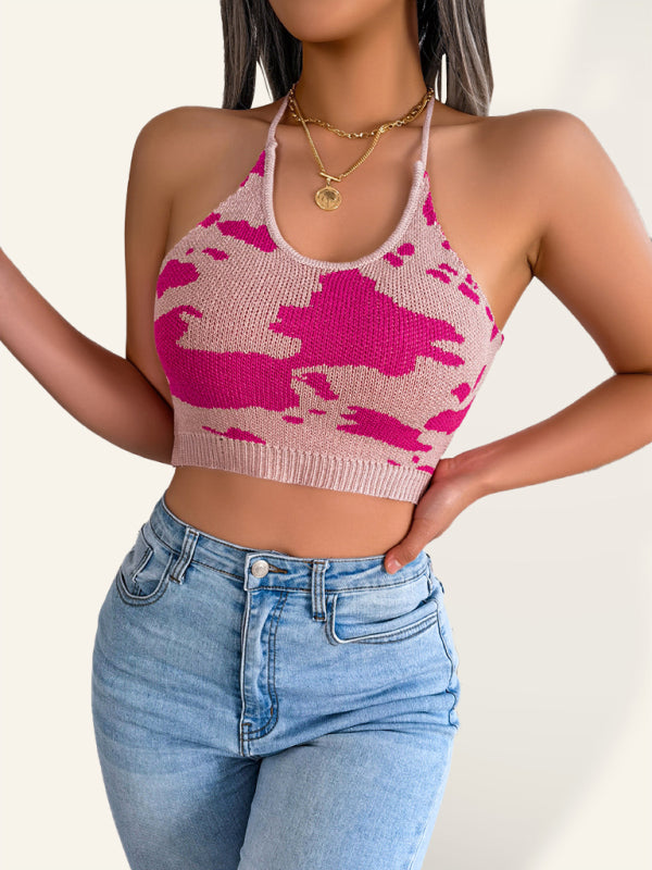 Women’s Pattern Halter Neckline Adjustable Tie Closures Crop Top - FashionistaDeal