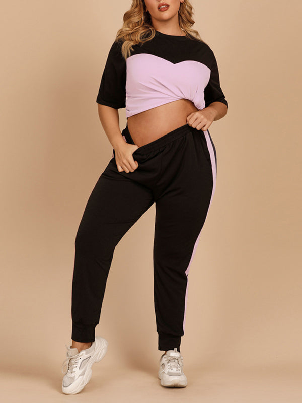 Women’s Plus Size Contrast Top With Matching Active Pants Set - FashionistaDeal