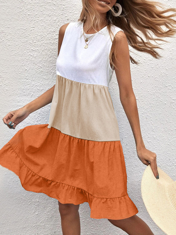 Women's loose casual stitching contrast color ruffled sleeveless vest dress - FashionistaDeal