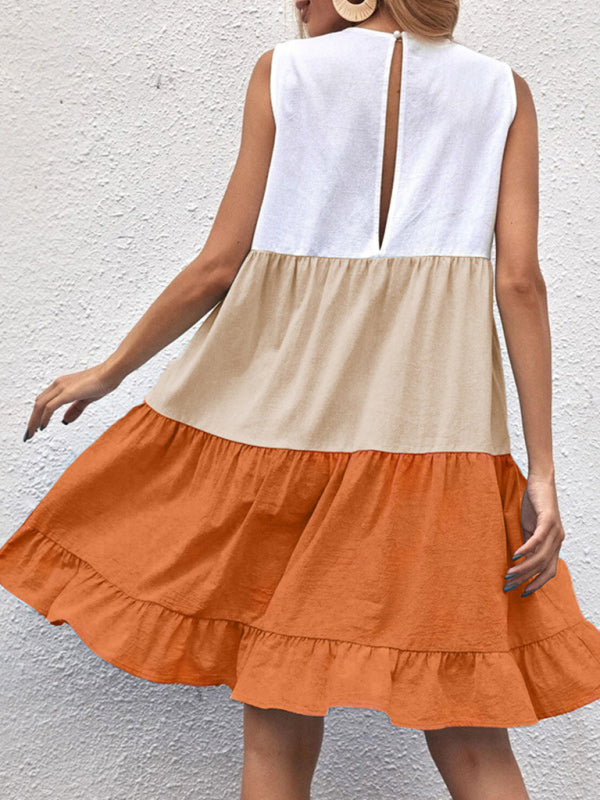 Women's loose casual stitching contrast color ruffled sleeveless vest dress - FashionistaDeal