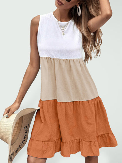 Women's loose casual stitching contrast color ruffled sleeveless vest dress - FashionistaDeal