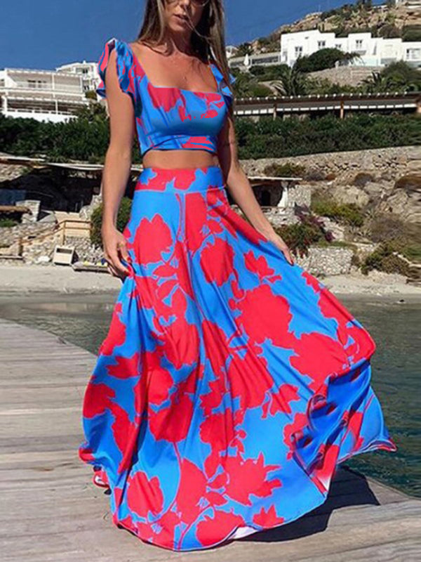 New women's two-piece suit fashion print sexy big swing skirt suit - FashionistaDeal