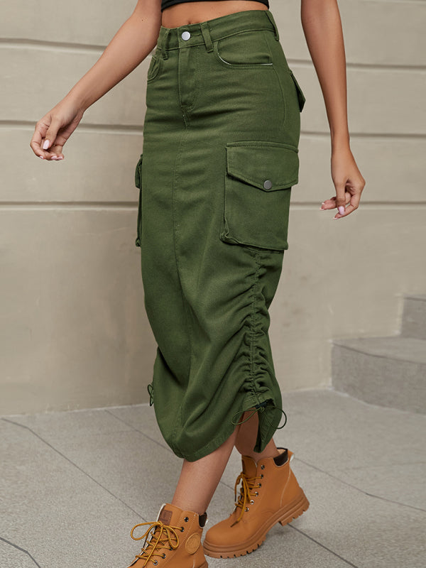 Women's Solid Color Side Drawstring Cargo Skirt - FashionistaDeal