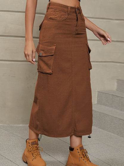 Women's Solid Color Side Drawstring Cargo Skirt - FashionistaDeal