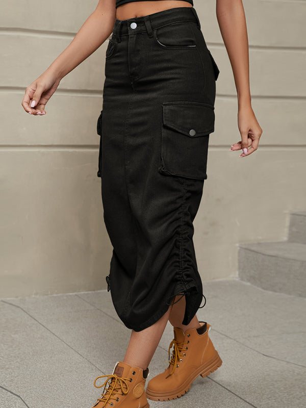 Women's Solid Color Side Drawstring Cargo Skirt - FashionistaDeal