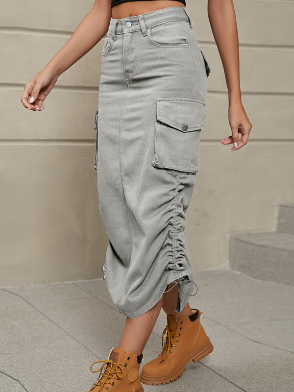 Women's Solid Color Side Drawstring Cargo Skirt - FashionistaDeal