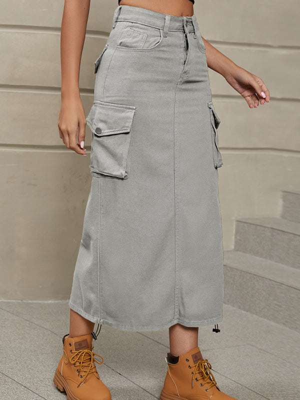 Women's Solid Color Side Drawstring Cargo Skirt - FashionistaDeal