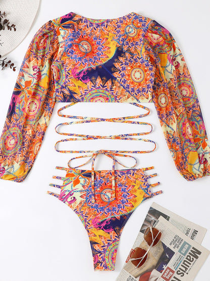 Women's Ethnic Printed Mesh Long Sleeve Bikini Set - FashionistaDeal