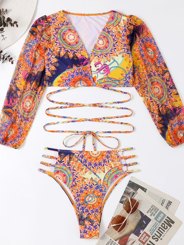 Women's Ethnic Printed Mesh Long Sleeve Bikini Set - FashionistaDeal