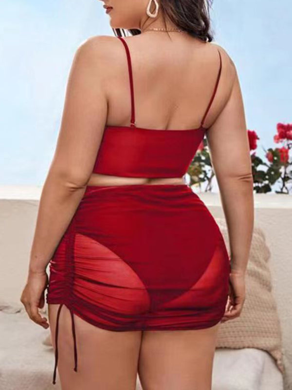 Plus Size Women-Sling Backless Mesh Drawstring Bikini Set - FashionistaDeal