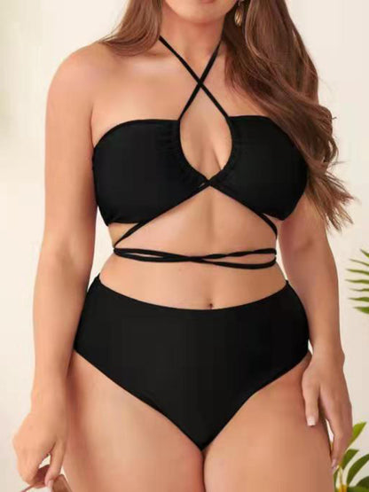 Plus Size Ladies Clothes - Halter Backless Cross Strap Bikini Set - FashionistaDeal