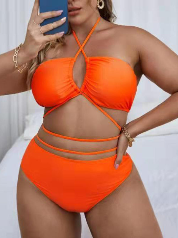 Plus Size Ladies Clothes - Halter Backless Cross Strap Bikini Set - FashionistaDeal