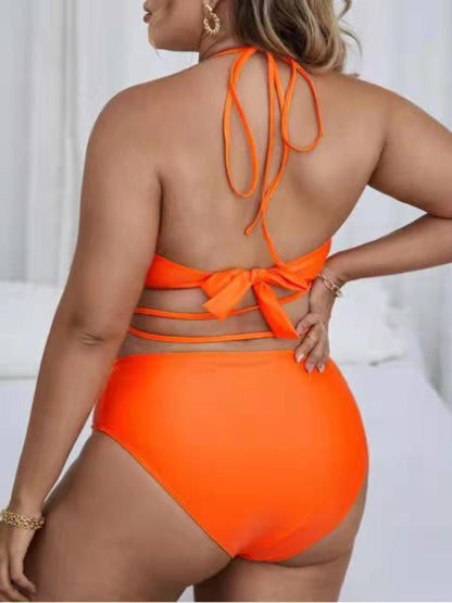 Plus Size Ladies Clothes - Halter Backless Cross Strap Bikini Set - FashionistaDeal