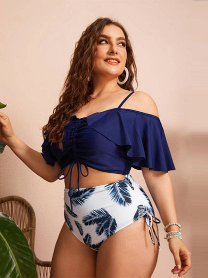 Plus Size Women-Drawstring Ruffle Bikini One Shoulder Strap High Waist Swimsuit Set - FashionistaDeal