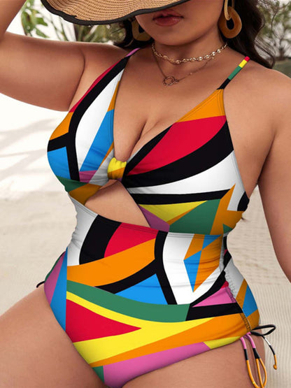 Plus Size Women-Printed Push-up Hollow One-Piece Swimsuit - FashionistaDeal