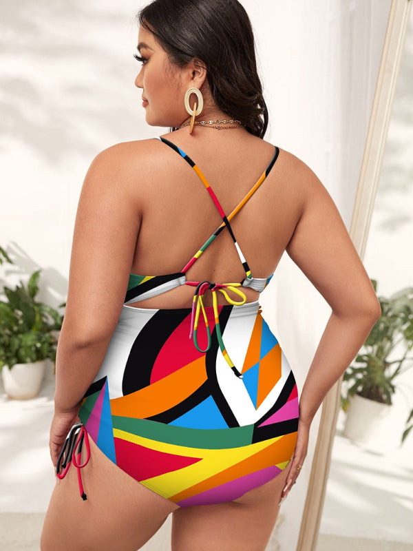 Plus Size Women-Printed Push-up Hollow One-Piece Swimsuit - FashionistaDeal