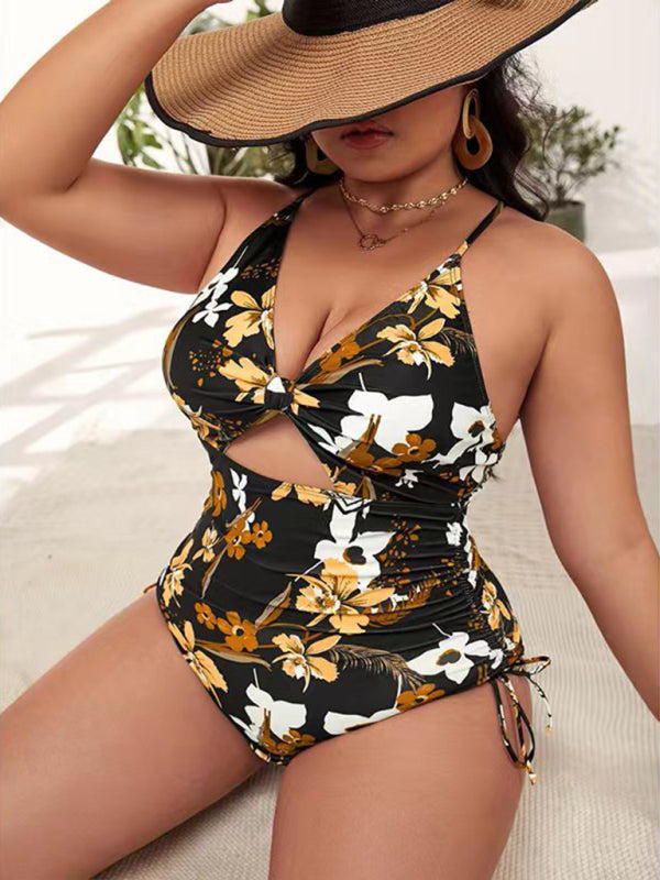 Plus Size Women-Printed Push-up Hollow One-Piece Swimsuit - FashionistaDeal